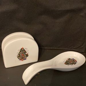 Vintage Christmas porcelain spoon holder with napkin holder